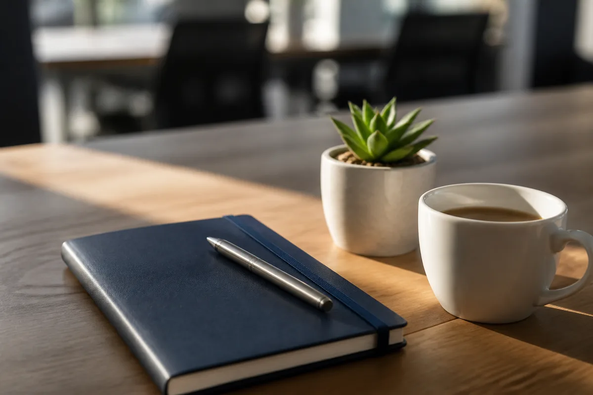 Table de travail en bois clair avec carnet fermé, stylo et tasse de café, lumière rasante du matin