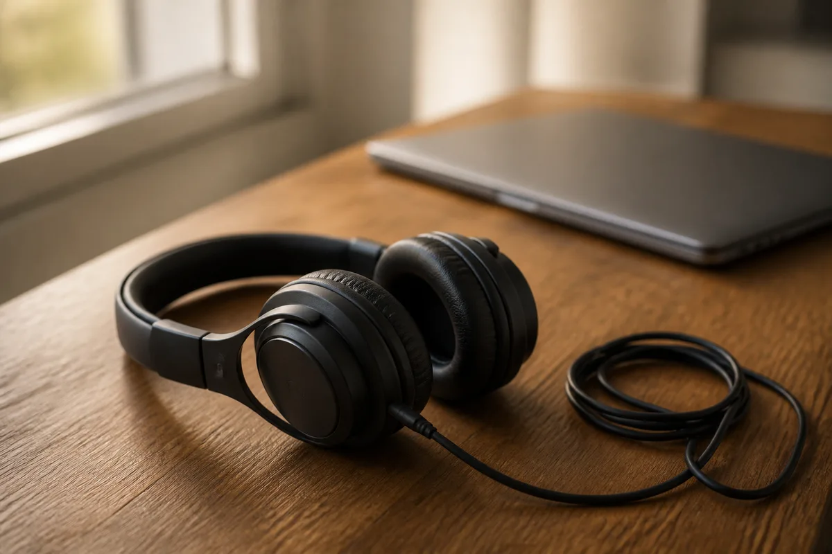 Casque audio posé sur une table en bois près d’une fenêtre, lumière douce de fin de journée