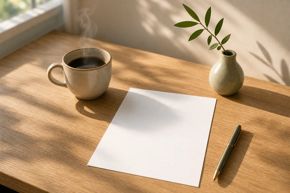 Bureau clair avec tasse de café et feuille vierge, lumière du matin
