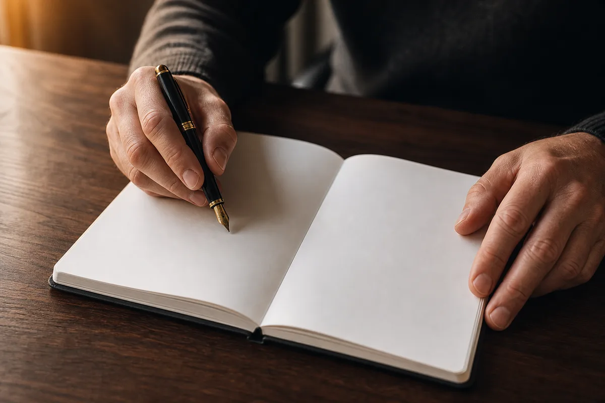 Mains tenant un stylo au-dessus d’un bloc-notes aux pages blanches, lumière chaude