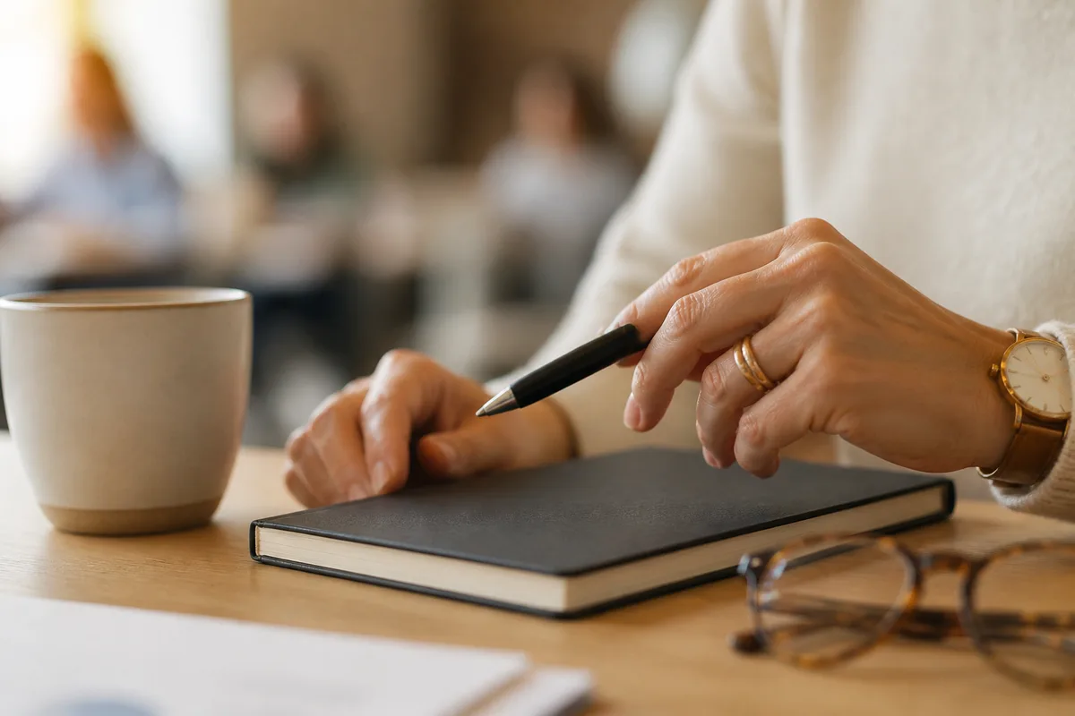 Mains d’une formatrice tenant un stylo au-dessus d’un carnet fermé sur un bureau en bois