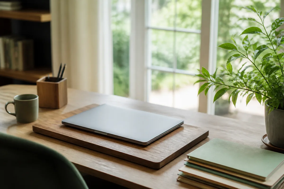 Bureau de formateur indépendant avec ordinateur portable fermé et dossiers cartonnés